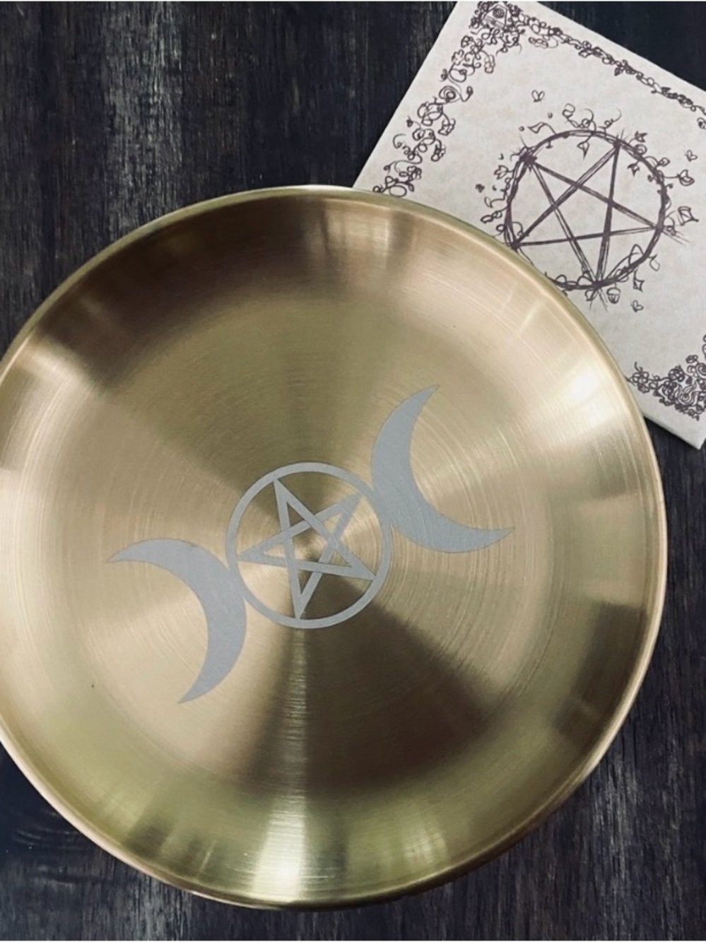 Triple Moon Goddess Offering Tray - Brass Altar Plate & Intention Papers
